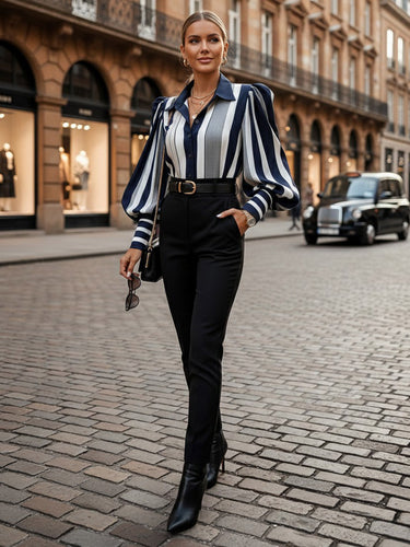 Elasticated Waist High Waisted Belted Bow-Embellished Buttoned Contrast Color Split-Joint Striped Lapel Blouses&Shirts Tops