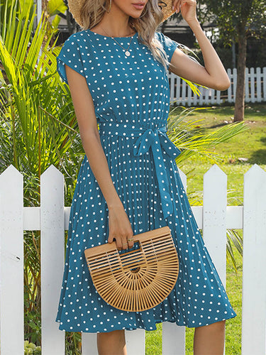 1766463 Vestidos midi linha A manga abotoada cor contraste plissado bolinhas divididas amarradas na cintura gola redonda