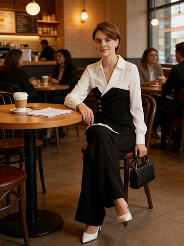 Elasticated Waist Irregularity Asymmetric Buttoned Contrast Color Split-Joint V-Neck Blouses&Shirts Tops