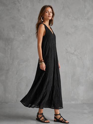1785147 A-Line Loose Jacquard Solid Color V-Neck Midi Dresses