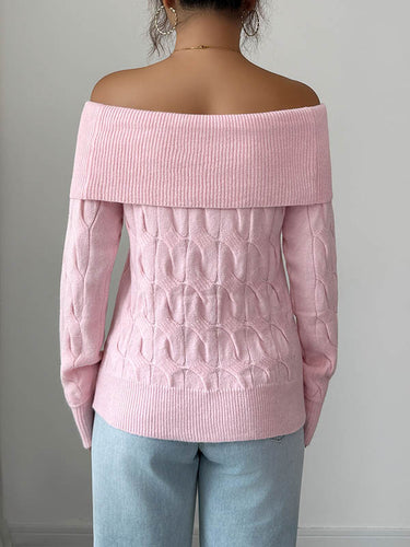 1724616 Long Sleeves Solid Color Split-Joint Off-The-Shoulder Pullovers Sweater Tops