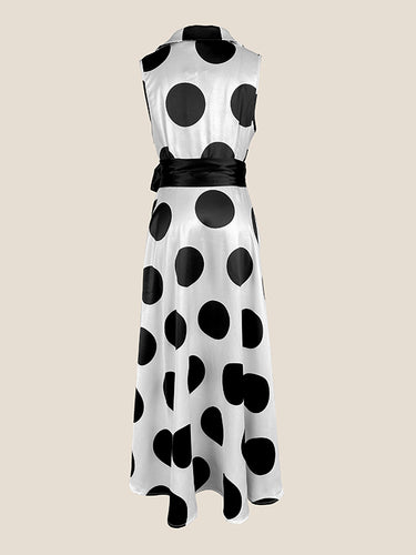 1653578 A-Line Sleeveless Polka-Dot Split-Joint Tied Waist Lapel Maxi Dresses Shirt Dress