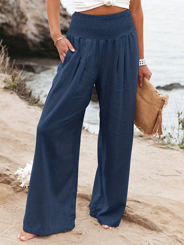 1739541 Elasticated Waist High Waisted Pleated Pockets Solid Color Split-Joint Pants