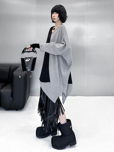 1720145 Batwing Sleeves Irregularity Asymmetric Contrast Color Split-Joint Textured V-Neck Sweater Tops