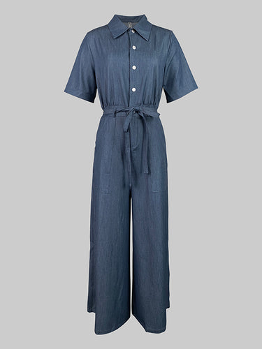 Short Sleeves Solid Color Tied Waist V-Neck Denim Jumpsuits