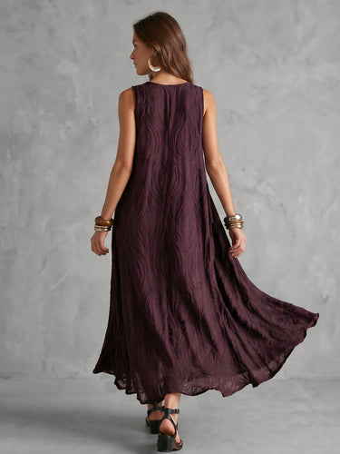 1785149 A-Line Loose Jacquard Solid Color V-Neck Midi Dresses