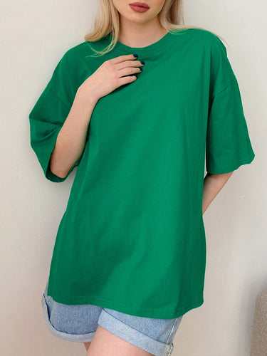 1784035 Loose Short Sleeves Solid Color Split-Side Round-Neck T-Shirts Tops