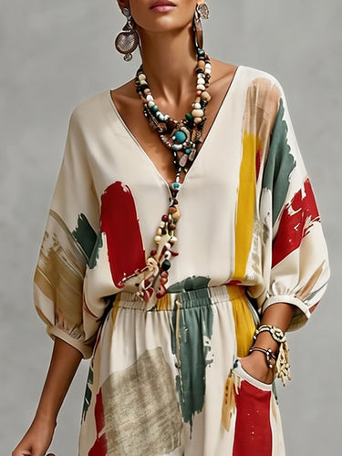 Loose Puff Sleeves Contrast Color Pleated V-Neck Blouses&Shirts Tops