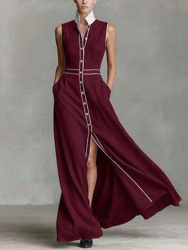 A-Line High Waisted Buttoned Contrast Color Pockets Split-Joint Lapel Maxi Dresses