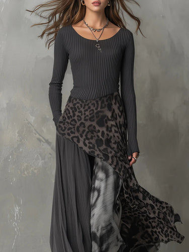 1780799 High Waisted Long Sleeves Leopard Printed Split-Joint Round-Neck Maxi Dresses