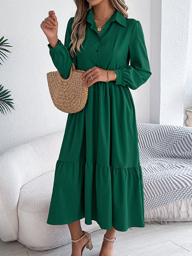 1713653 High Waisted Long Sleeves Pleated Ruffled Solid Color Lapel Midi Dresses Shirt Dress