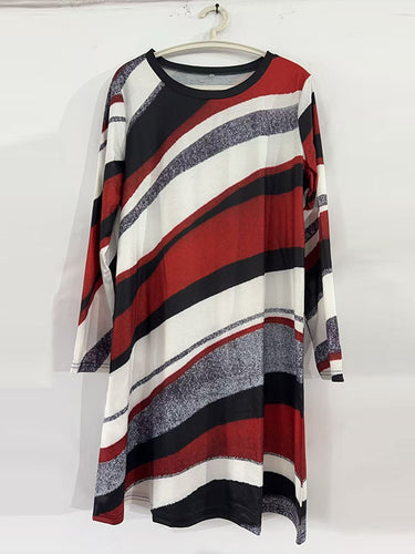 1722479 A-Line Irregularity Asymmetric Printed Split-Joint Striped Round-Neck Midi Dresses