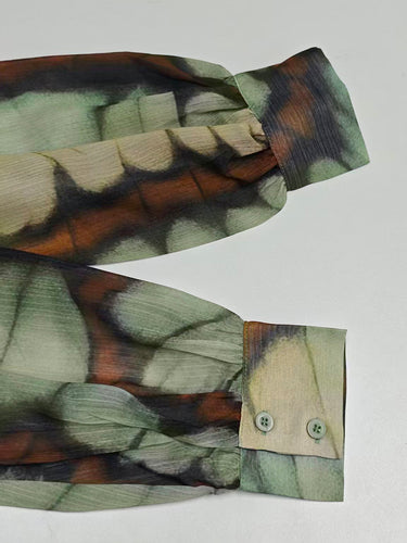 Balloon Sleeves Long Sleeves Big Hemline Contrast Color Pleated Print Zipper Stand Collar Maxi Dresses