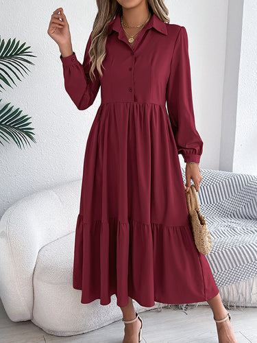 1713693 High Waisted Long Sleeves Pleated Ruffled Solid Color Lapel Midi Dresses Shirt Dress