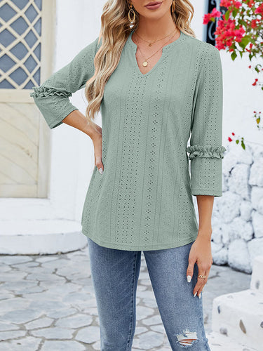 1497320 Loose Three-Quarter Sleeves Jacquard Solid Color V-Neck T-Shirts Tops