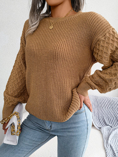 1713765 Long Sleeves Loose Cable Knit Solid Color Round-Neck Sweater Tops