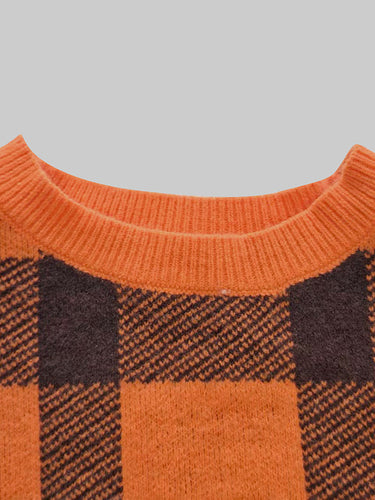 Long Sleeves Contrast Color Plaid Mock Neck Sweater Tops