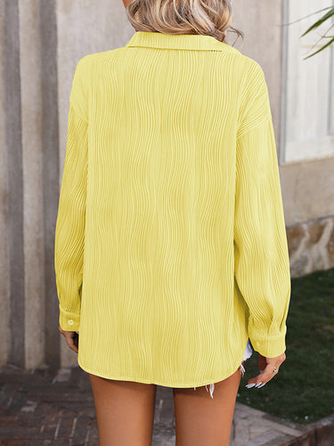 1442281 Long Sleeves Buttoned Jacquard Pleated Solid Color Blouses&Shirts Tops