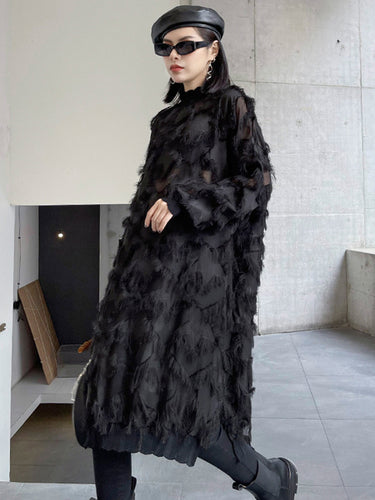 1721427 Irregularity Long Sleeves Asymmetric Mesh Pockets See-Through Solid Color Split-Joint Tasseled Stand Collar Midi Dresses