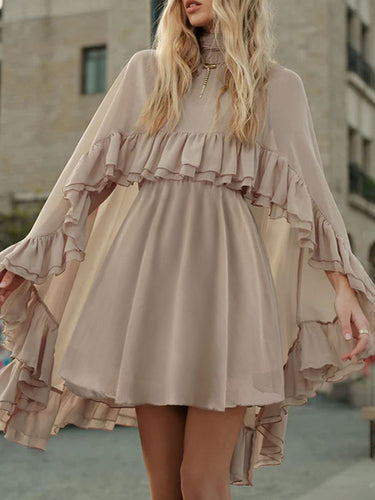 1755954 High Waisted Sleeveless Pleated Ruffled Solid Color Split-Joint Tied Mock Neck Mini Dresses Two Pieces Set