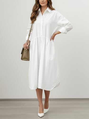 1740239 Long Sleeves Loose Buttoned Pleated Solid Color Split-Joint Lapel Midi Dresses