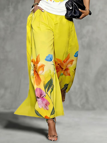 High Waisted Loose Flower Print Pockets Solid Color Pants Trousers