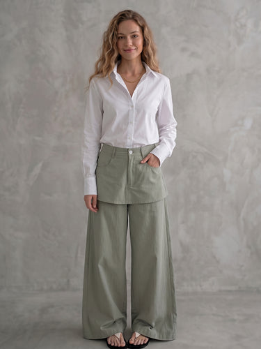1772691 False Two High Waisted Buttoned Pockets Solid Color Pants
