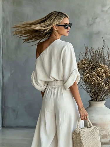 1787440 Half Sleeves Loose Solid Color One-Shoulder Blouses&Shirts Tops