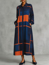 Printed Pockets Contrast Color Buttoned Loose Long Sleeves Lapel Shirt Dress Maxi Dresses