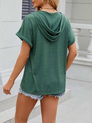 1511650 Loose Buttoned Hooded Solid Color Shirts Tops