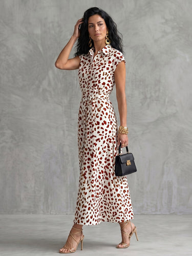 1775931 A-Linien-Midikleid mit Flügelärmeln, geknöpftem Leopardenmuster und gebundener Taille. Hemdblusenkleid
