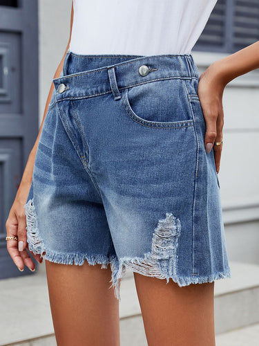 1784267 High Waisted Buttoned Pockets Ripped Solid Color Tasseled Shorts Bottoms
