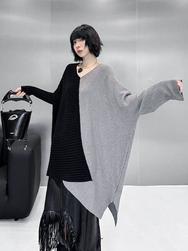 1720146 Batwing Sleeves Irregularity Asymmetric Contrast Color Split-Joint Textured V-Neck Sweater Tops