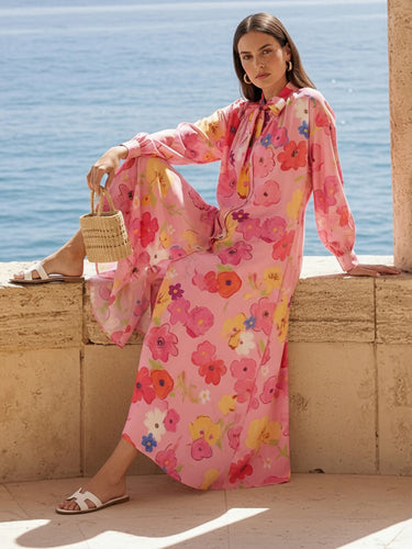 1736169 Long Sleeves Loose Bow-Embellished Buttoned Contrast Color Flower Print Pleated Split-Joint Stand Collar Maxi Dresses