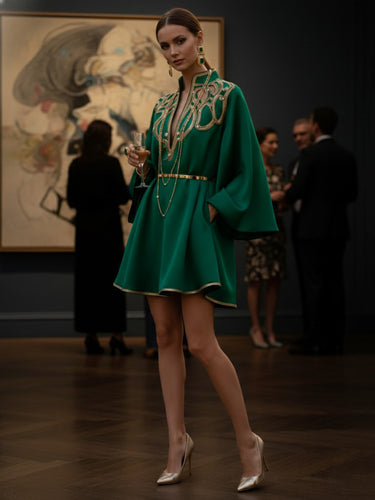 1755329 A-Line Long Sleeves Contrast Color Printed Split-Joint Stand Collar Mini Dresses