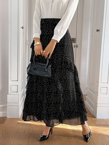 1733811 A-Line High Waisted Contrast Color Layered Polka-Dot Ruffled Split-Joint Skirts Bottoms