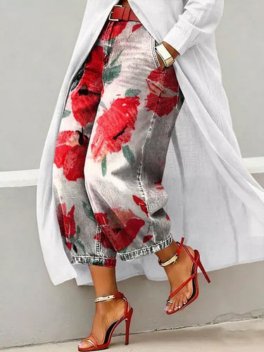 1780493 Cropped High Waisted Contrast Color Flower Print No Belt Pockets Jean Pants Bottoms