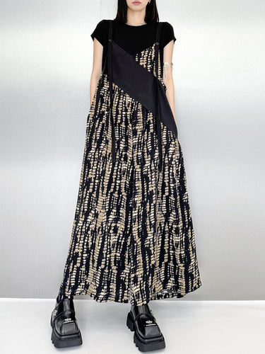 1719698 Loose Sleeveless Asymmetric Contrast Color Printed Split-Joint Spaghetti-Neck Overalls