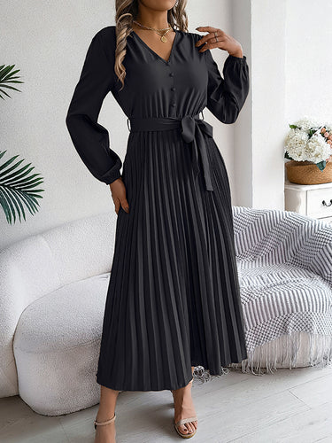 1713866 High Waisted Long Sleeves Belted Buttoned Pleated Solid Color V-Neck Maxi Dresses