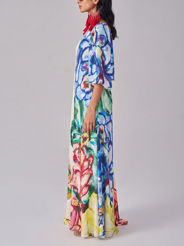 1785562 Loose Puff Sleeves Asymmetric Contrast Color Elasticity Flower Print Split-Joint One-Shoulder Maxi Dresses