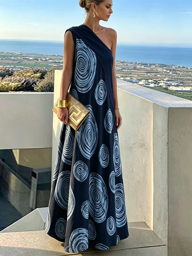 1784587 A-Line Loose Contrast Color Pleated Printed Split-Joint One-Shoulder Maxi Dresses