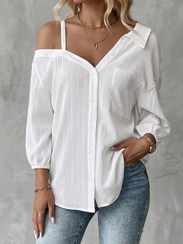 1782088 Long Sleeves Loose Buttoned Pockets Solid Color One-Shoulder Blouses&Shirts Tops