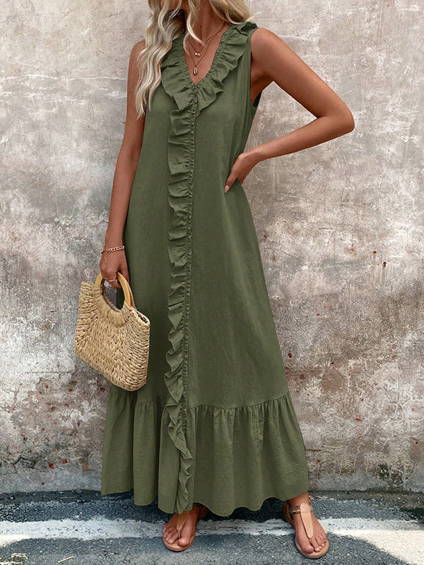 Solid Color Ruffle Trim A-Line Loose Pleated Ruffle Trim Solid Color V-Neck Maxi Dresses ...