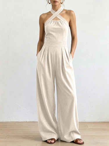 1775651 Combinaisons à taille haute et poches plissées de grande taille, couleur unie, col licou