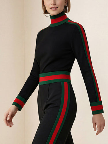 Long Sleeves Skinny Contrast Color Split-Joint Striped High Neck T-Shirts Tops