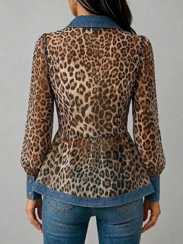 1779530 Long Sleeves Puff Sleeves Buttoned Contrast Color Leopard Pleated Split-Joint Lapel Blouses&Shirts Tops