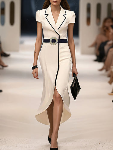 Bodycon High-Low-Gürtel-Falten-Falten-Gekerbterkragen Maxi-Kleider