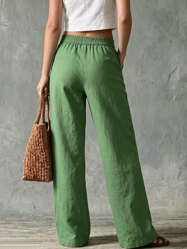 1782522 High Waisted Wide Leg Buttoned Elasticity Pockets Solid Color Pants Trousers