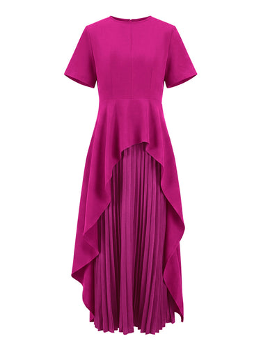 A-Line hohe taillierte plissierte Feste Farbe Split-Joint Rund-Hals Maxi Kleider