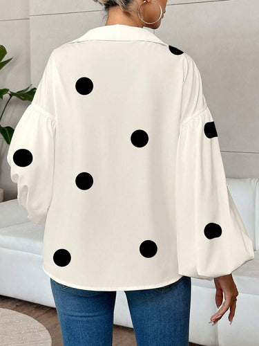 1780313 Long Sleeves Loose Contrast Color Pleated Polka Dot Split-Joint Lapel Blouses&Shirts Tops